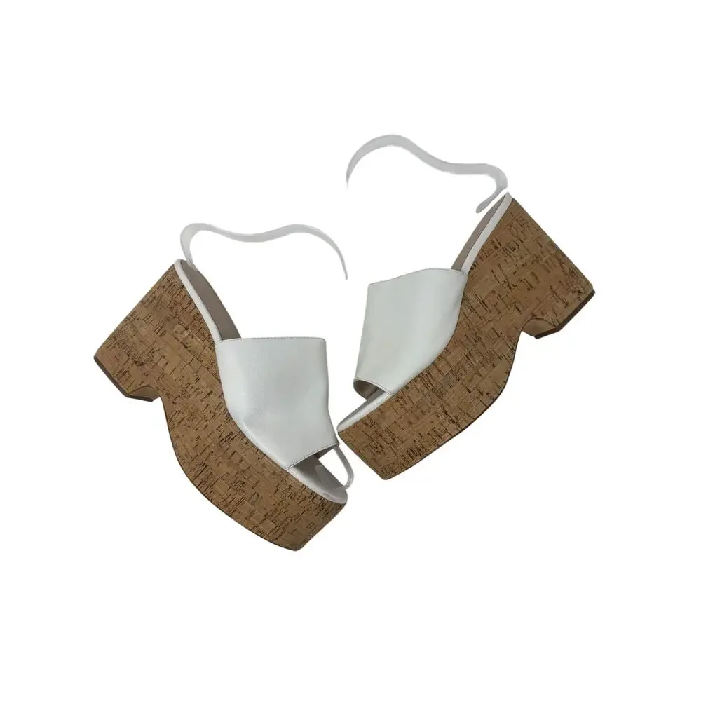RAYE White Leather Cork Platform Sandals Chunky Block Heel Womens Size 7.5